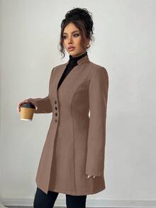 SHEIN Tall 女款休閒立領羊毛混紡修身長版夾克外套，女款長版大衣西裝外套裙，適合高個女性 - 摩卡棕 - 查看 3