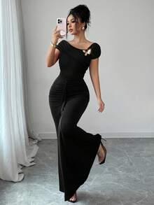 Modelyn Metallic Buckle Decor Ruched Fitted Elegant Long Dress For Women - Black - View 7