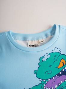 Nick 90s | SHEIN Baby Boy Cartoon Nick Dinosaur Print Cute Casual Comfortable Blue Long Sleeve T-Shirt And Pants Tight Fit Pajama Set - Blue - View 4