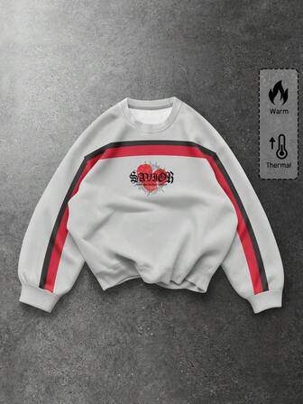 Prep Sudadera casual de cuello redondo con estampado de manga larga para hombre