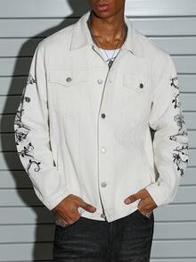 PAVTROS Slim-Fit Floral Print Denim Jacket, Cream White, Autumn/Winter Men White Denim Graphic Jacket Men Graphic Print Jacket Men Graphic Jacket - Beige - View 5