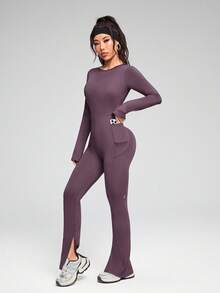 Innovista 女士必备纯色运动连体裤，内置胸垫，可拆卸胸垫，拉链设计，弹力十足，适合瑜伽、健身等运动场合，露背镂空透气，秋季运动提臀，简约日常休闲运动服，办公穿着皆宜。 - 紫色 - 查看 4