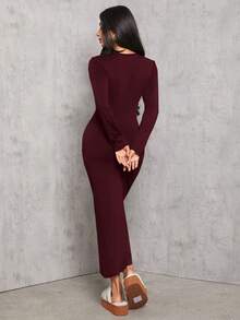 SHEIN PETITE 纯色褶腰黑色长袖连衣裙 - 中紫紅色 - 查看 2