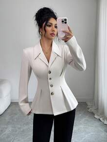 Rafferiza Women's Solid Color Lapel NeckLong Sleeve Single-Breasted Waist Fitted Elegant Blazer Business Tops Women White Blazer Women Casual Dress Pants - Beige - View 6
