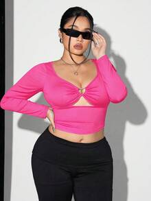 SHEIN ICON 加大码心形钻石装饰透视网纱拼接修身镂空长袖黑色T恤 - 玫紅色 - 查看 8