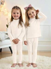 SHEIN 2pcs Young Girl White Solid Color Knit Stand Collar Casual T-Shirt And Pants Set For Summer,Spring,Autumn,Winter,Great Christmas Gift For Young Girls - Black and White - View 1