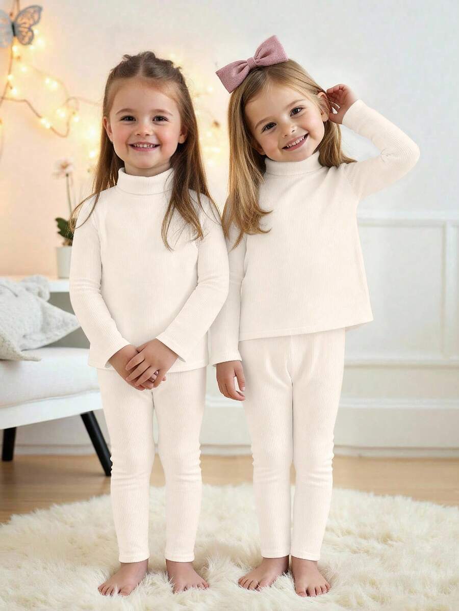 SHEIN 2pcs Young Girl White Solid Color Knit Stand Collar Casual T-Shirt And Pants Set For Summer,Spring,Autumn,Winter,Great Christmas Gift For Young Girls - Black and White - View 1