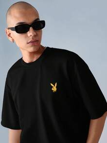 PLAYBOY X SUMWON 宽松露脐短袖T恤，饰有醒目的Logo印花，夏季休闲街头风上衣 - 黑色 - 查看 4