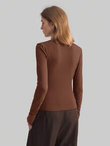 Ontre Women's Coffee Brown Pleated Design Collar Long Sleeve T-Shirt,Autumn Smart Casual Office Wear Irregular Hem Solid Color Basic Sense High-End Top - Brown - View 5