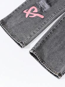 SHEIN ChillGRL Doodle Distressed Wide Leg Jeans, Loose Straight Leg Pants For Teenage Tween Girl - Light Grey - View 7