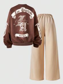 SHEIN Explorewe Conjunto de 2 peças outono/inverno para meninas adolescentes ME jaqueta solta casual retrô com estampa gráfica e calças largas plissadas, adequado para uso diário, deslocamento, casual, férias, passeios, estilo de rua - Caqui - Ver 2