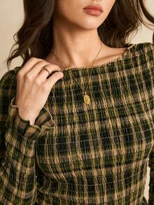 Poéselle 女士时尚休闲格子图案船领长袖衬衫，绿色上衣，优雅女式衬衫，休闲女装，新年女装，适合日常穿着、外出、通勤，秋冬格子上衣 - 綠色 - 查看 4