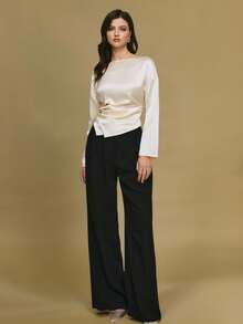 Poéselle Satin Long Sleeve Blouse For Women - Elegant Asymmetrical Waist Detail, Minimalist Chic Top, Classy Fall Essential,Women's Solid Color Satin Minimalist Crew Neck Long Sleeve Top, Satin Blouses For Women, Silk Blouse, Silk Tops,, Ivory Top White Elegant Top White Satin Top Full Sleeve Top Tops For Women Elegant - Apricot - View 2