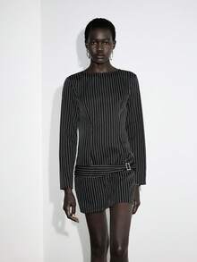 Lumivelle 女士时尚条纹圆领低腰带长袖修身连衣裙 - 黑色 - 查看 1