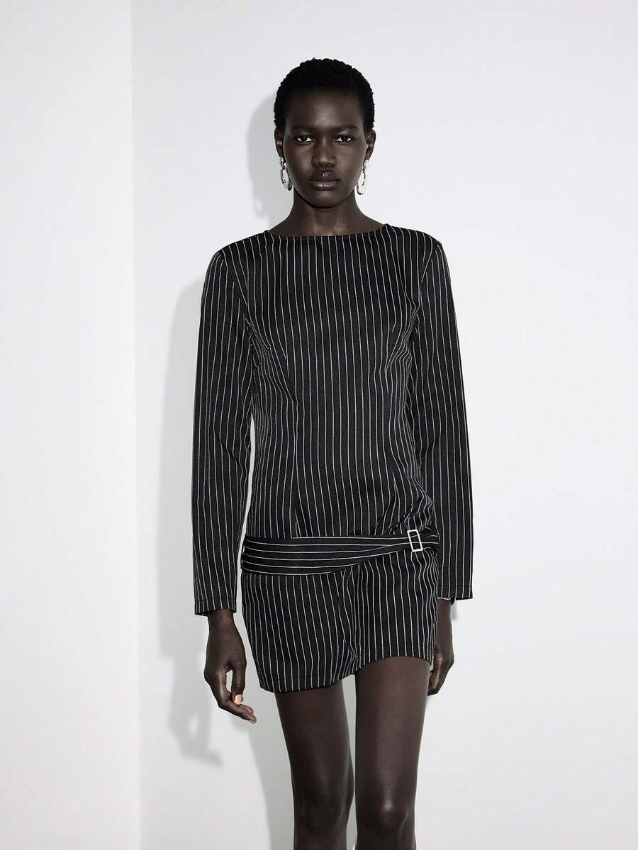 Lumivelle 女士时尚条纹圆领低腰带长袖修身连衣裙 - 黑色 - 查看 1