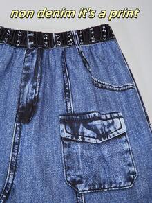 SHEIN ChillGRL 少女星星印花圆领 T 恤和印花阔腿裤两件套，休闲夏季服装 - 藍色 - 查看 5