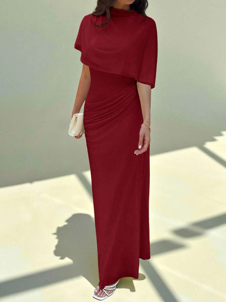 Aloruh Elegant Minimalist Commuter Fashion Elastic Waist Design Multilayer Ruffle Waist Ruffle Flattering Long Dress, Suitable For Work, Date, Vacation Red Elegant Dress Women - Red - View 1