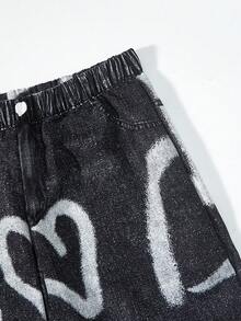 SHEIN ChillGRL Tween Girls' Heart Print Loose Wide Leg Casual Pants - Black - View 3