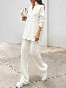 EURMUSE Elegant Cable Knit Sweater With Zipper & Sweater Pants Co-Ords - White - View 4