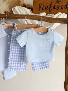 Vintaside Kids 2pcs/Set Newborn Outfit, Countryside Style, Cotton Soft, Comfortable, Suitable For Spring, Autumn, Winter, Fashion, Cute, Versatile, Unisex Design - Blue - View 5