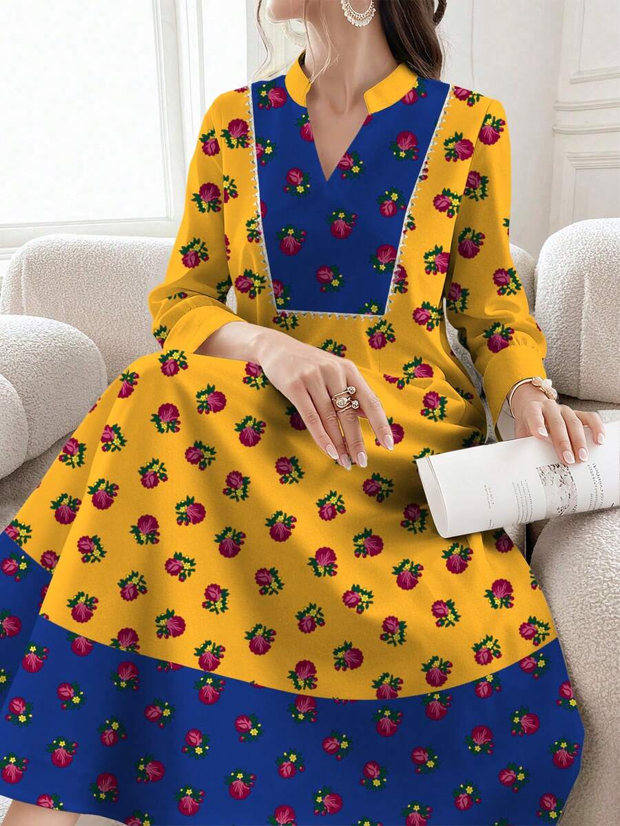 SHEIN Najma Women's Floral & Botanical Retro Print V-Neck Long Sleeve Elegant Arabic Style Dress, Spring/Autumn Kaftan Jalabiya Dress - Multicolor - View 1