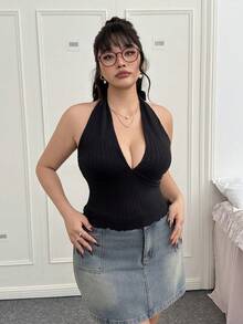 CovetEZ 大码夏季度假风格 V 领细肩带针织背心 - 黑色 - 查看 4
