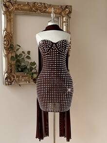 Lovelzi Elegantes luxuriöses Millennium Bombshell Stil Schulterfrei Kleid mit Strass-Verzierung, gestrickter Bandeau-Bodycon Mini-Rock, geeignet für Hochzeiten, Partys, Geburtstage, Einschulungsfeiern, Nachmittagstee, Ausstellungen, Geschäftsgäste und andere Anlässe - Geschenkkleid für Frauen, Mesh-Kleid - Braun - Übersicht 6