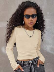 Coolane 青春期女孩四季纯色褶皱侧短款 T 恤 - 杏色 - 查看 2