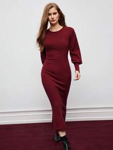 Maija 女士优雅纯色露背修身针织连衣裙，秋冬 - 紅色 - 查看 2