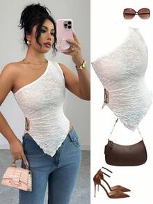 SHEIN Elenzya 女士新款春夏秋季休闲通勤旅行上衣，纹理面料，不对称下摆，不对称斜肩设计，侧边金属装饰，适合女性在秋季、情人节、新年、假期、万圣节、圣诞节等场合穿着。 - 杏色 - 查看 4