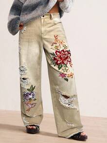 Bohemela جينز نسائي فضفاض مطرز بالخرز والتطريز بأسلوب البوهيمي الريفي العطلات الكاجوال - لون مشمشي - مشاهدة 6