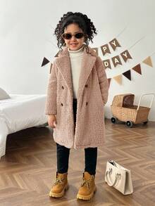 SHEIN Young Girl Casual Versatile Turndown Collar Thermal Lined Thick Long Sleeve Cardigan In Fall/Winter - Khaki - View 3