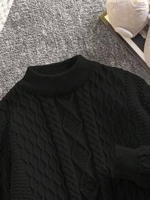 SHEIN Tween Boy Textured Crew Neck Sweater,Back-To-School Plain Black Casual School Autumn Korean Style Versatile Commute Daily Wear Suitable For Sports - Black - View 5