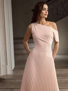 ZEYLAH Vestido plisado de hombro elegante para oficina de mujer - Rosa - Ver 7