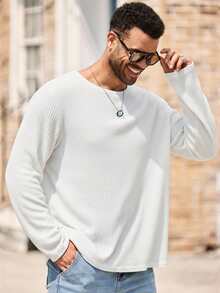 EASEVO Plus Size Men's Casual Solid Color Round Neck Long Sleeve T-Shirt - White - View 3