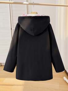 SHEIN ChillGRL 青少年女孩前扣长袖简约全身印花连帽夹克，适合日常休闲、度假、夏季、旅行 - 黑色 - 查看 2