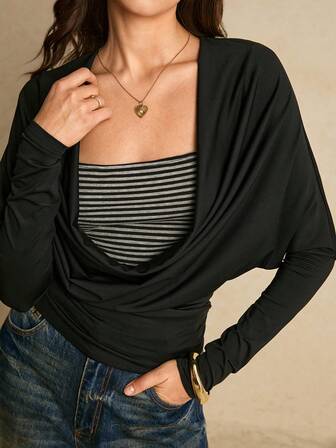 Poéselle Camiseta de mujer elegante de cuello de barco a rayas con parches, 2 en 1, para el otoño