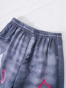 SHEIN ChillGRL Tween Girl Numeric Print V-Neck Short Sleeve Top And Graffiti Print Denim Effect Long Pants Casual Summer Outfit, School, Campus, College - Pink - View 6