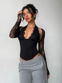 Aloruh Women's New Romantic Elegant Alluring Sexy Lace Patchwork Tight Hollow Out Long Sleeve Blouse, Suitable For Date, Party, Outing,Black Top - Black - View 7