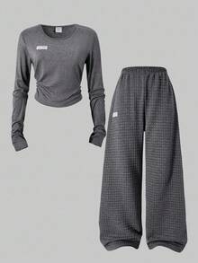 SHEIN ChillGRL 2件套青少年女孩休闲简约圆领长袖T恤和阔腿裤，秋冬 - 深灰色 - 查看 3
