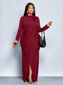 SOLERSUN Đầm maxi dài tay cổ đứng xẻ cao đến đùi thanh lịch dành cho nữ cỡ lớn mùa thu đông, kiểu thắt nút đa dạng, nhăn và xoắn, đầm tốt nghiệp, đầm dạ hội, đầm dự tiệc, đầm maxi, màu đỏ tía, đầm trang trọng, đầm thanh lịch, đầm sang trọng, đầm dự đám cưới 2026, đầm năm mới - Màu Đỏ Sâu - Xem 1