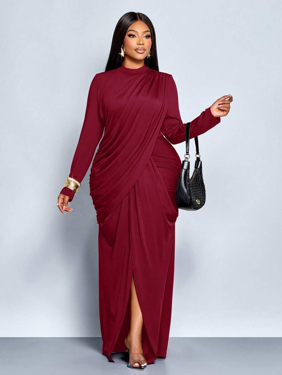 SOLERSUN Đầm maxi dài tay cổ đứng xẻ cao đến đùi thanh lịch dành cho nữ cỡ lớn mùa thu đông, kiểu thắt nút đa dạng, nhăn và xoắn, đầm tốt nghiệp, đầm dạ hội, đầm dự tiệc, đầm maxi, màu đỏ tía, đầm trang trọng, đầm thanh lịch, đầm sang trọng, đầm dự đám cưới 2026, đầm năm mới - Màu Đỏ Sâu - Xem 1