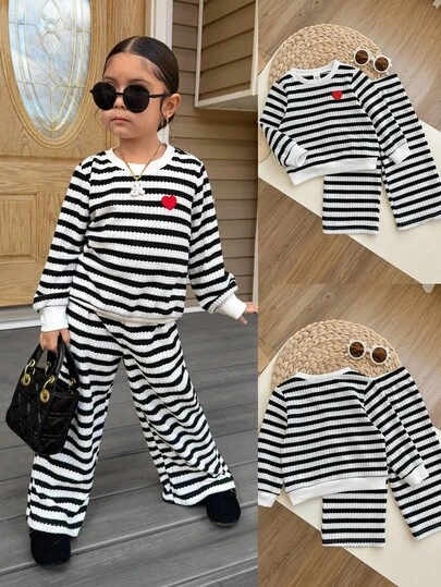 Young Girls Rust Brown Striped Knit Crew Neck Long Sleeve Sweatshirt Set, Autumn/Winter