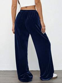 SHEIN EZwear 女士复古休闲藏蓝色丝绒宽松阔腿裤，秋冬款 - 藏蓝色 - 查看 2