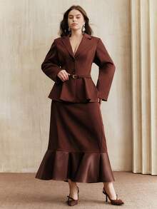Anewsta Plus Size Women's Elegant Burgundy Two Pieces Set,Cinched Waist Blazer Jacket & Skirt,Autumn Formal Business Casual For Commuting,Party,Wedding,Chic - Burgundy - View 6