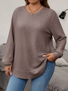 EMERY ROSE Plus Size Solid Color Ribbed Knit T-Shirt,Women's Autumn/Winter Long Sleeve Top,Everyday Smart Casual Dusty Pink Sweater,Casual Tops For Autumn - Grey - View 6