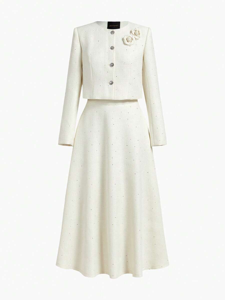 ZEYLAH 2pcs/Set French Elegant Buttoned Front Long Sleeve Jacket And Skirt - White - View 1