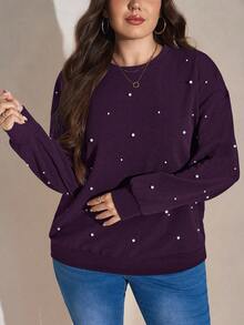 SHEIN LUNE Felpa girocollo casual con decorazione borchiata, taglia comoda, adatta per autunno/inverno - Viola - Visualizzare 4