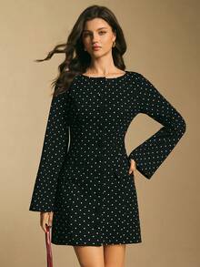 Poéselle Váy mini tay loe hở trước chấm bi đen trắng - Đen và trắng - Xem 6