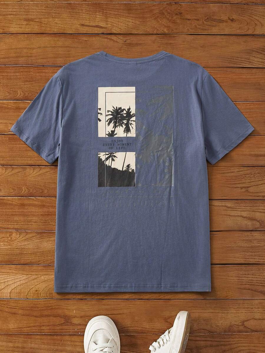 Manfinity NXTstreet Men's Casual Fitted Coconut Tree Print Short Sleeve T-Shirt, Suitable For Everyday Wear, Summer - Teal Blue - View 1